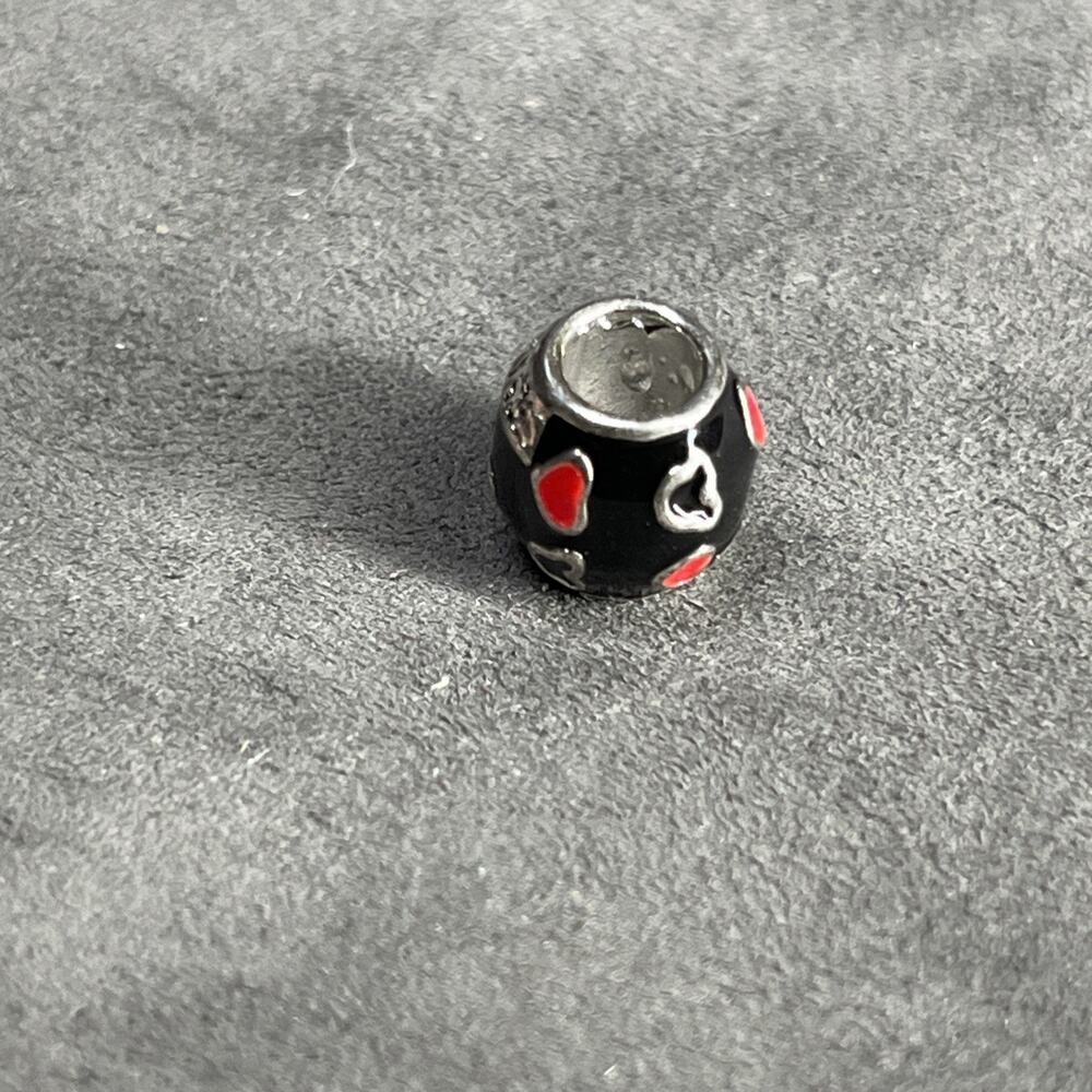 Black Red Enamel 925 Sterling Silver Bracelet Bead Mouse Head And Hearts.